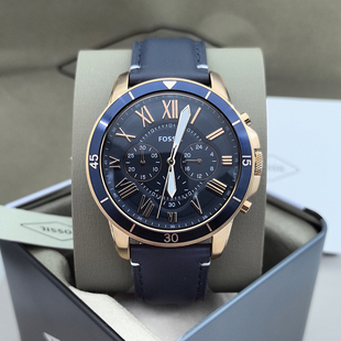 FOSSIL手表深蓝色真皮表带玫瑰金三眼计时商务休闲石英表防水男表