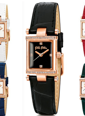 FOLLI FOLLIE手表方形真皮时尚镶钻玫瑰金不锈钢女表WF13B037SS