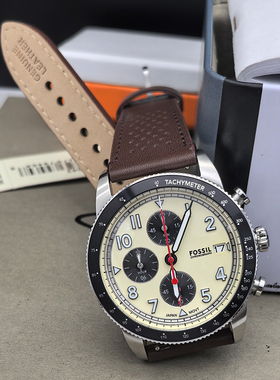 FOSSIL手表真皮表带透气三眼计时商务休闲石英表防水男表FS6042