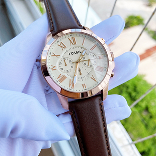 新FOSSIL化石手表真皮表带玫瑰金计时商务休闲石英防水男表FS4991