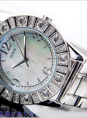 GUESS手表不锈钢时尚大粒镶钻贝母表盘简约大气石英表女士腕表