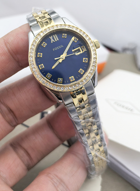 FOSSIL手表不锈钢间金蓝色表盘简约轻奢时尚镶钻日历石英防水女表