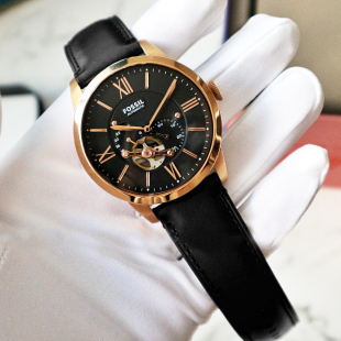 FOSSIL手表真皮表带玫瑰金镂空自动机械表商务休闲白领男表ME3171