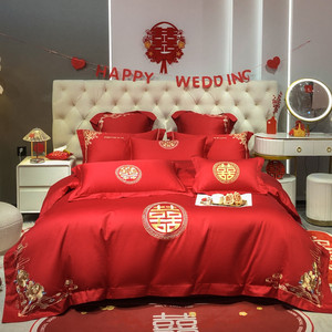 新中式100支婚庆四件套红色全棉高档结婚床上用品新婚嫁喜被纯棉