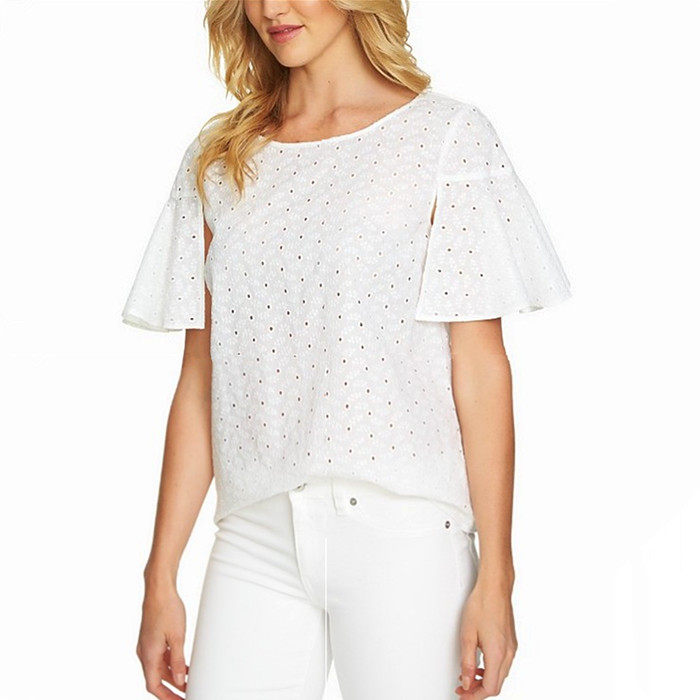 美国单欧美夏季新品薄款白色全棉镂空刺绣喇叭袖短袖衬衫女 大码