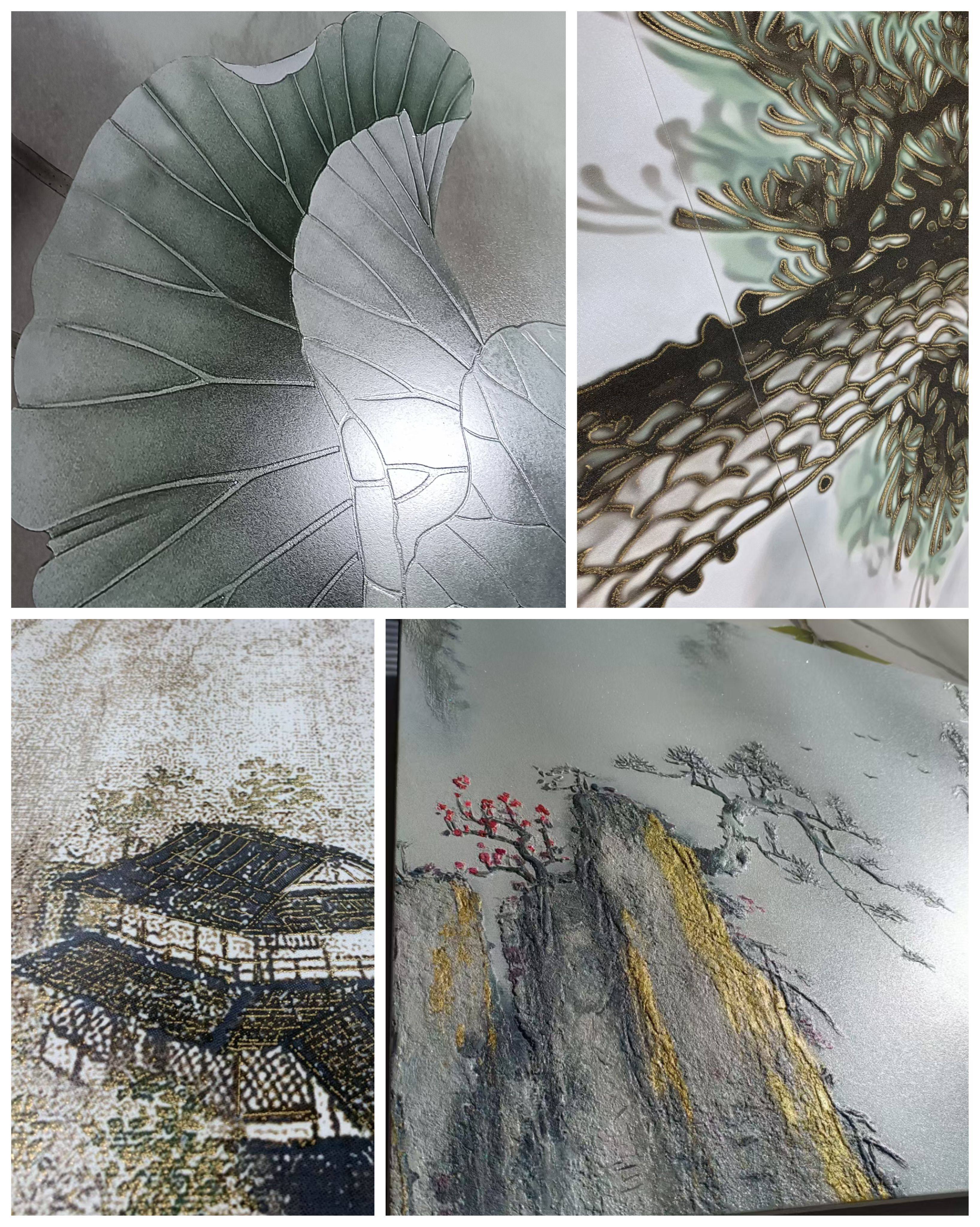新中式山水画岩板客厅电视背景墙，艺术定制图案任选，浮雕亮哑光