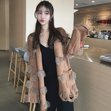 秋冬粗毛线宽松喇叭袖毛衣开衫女破洞网纱拼接中长款慵懒针织外套