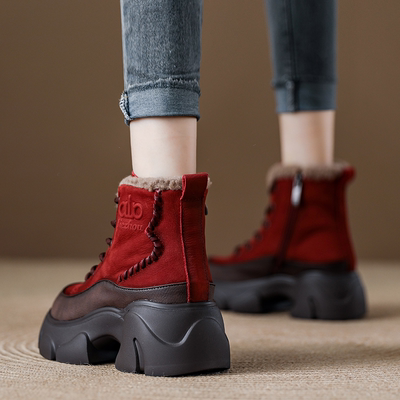 冬季加绒加厚真皮厚底粗跟女鞋头层牛皮毛一体雪地靴女款红色短靴
