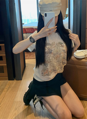 樊樊 彩绘印花短袖t恤女夏季薄款圆领百搭温柔气质宽松上衣