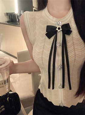 元英风镂空钻扣背心女夏季小众气质蝴蝶结重工设计感无袖针织上衣