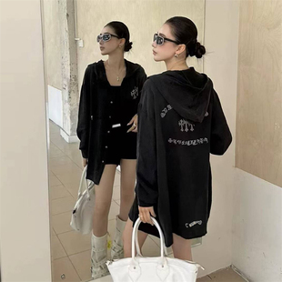 梵文十字架烫钻连帽防晒外套女ins慵懒休闲情侣洋气衬衫 夏季 新款