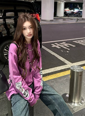 紫色梵文卡通印花宽松长袖t恤女春夏新款小众设计感洋气慵懒上衣