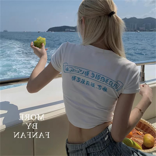 梵文印花纯欲短袖T恤女ins正肩