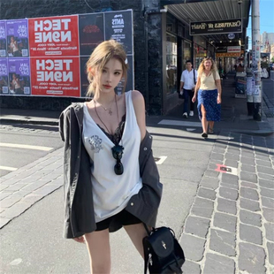 印花上衣 宽松长袖 背心 斜肩t恤女设计感春款 反叛猎手