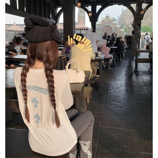 小众设计感宽松显瘦防晒衫 T恤女夏季 长袖 十字架梵文贴布刺绣薄款