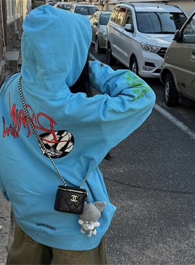 春秋新款潮牌蓝色梵文涂鸦印花连帽卫衣男女ins超火减龄百搭上衣