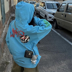 春秋新款 潮牌蓝色梵文涂鸦印花连帽卫衣男女ins超火减龄百搭上衣