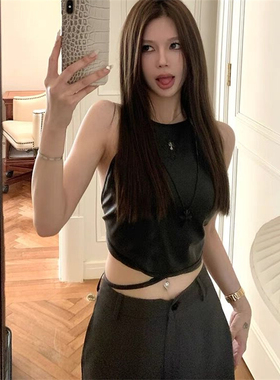 小姐姐【so hot】背心性感黑色挂脖露背交叉绑带透气PU皮吊带
