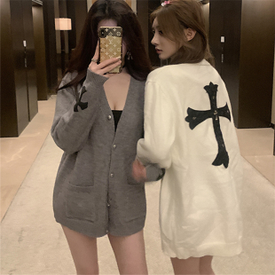 男女百搭休闲外套潮 新款 ins超火重工十字架贴皮针织开衫 毛衣秋季