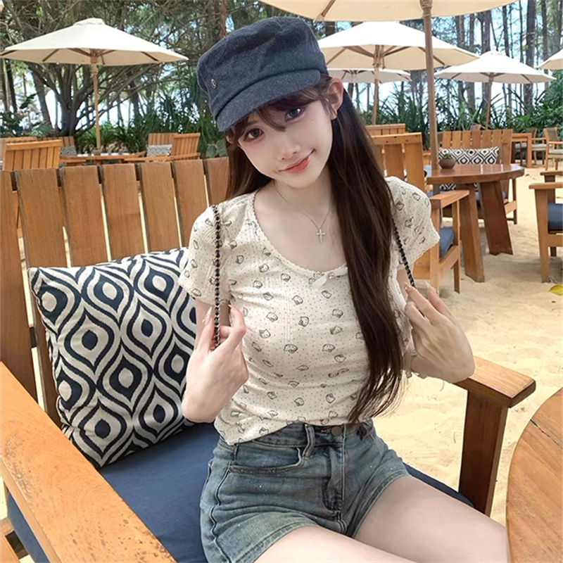 卡通猫白色印花短袖T恤女夏季新款小众圆领修身短款纯欲减龄上衣