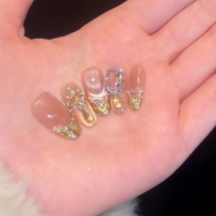 【萝拉】天使之泪·纯手工穿戴甲 金色锆石拼接 裸色显白秋冬