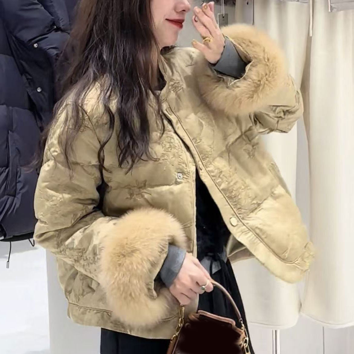 复古中式提花棉服女2025冬季热销拼接小个子高级感巨好看毛毛袖口,女装/女士精品,棉衣/棉服,淘宝优惠券,粉丝福利购,淘宝优惠卷