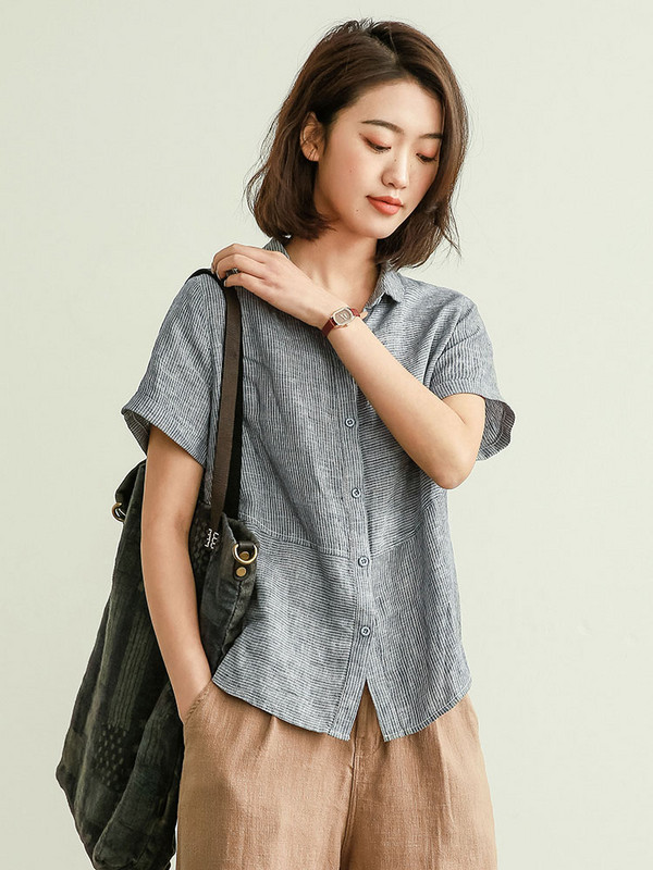 夏天亚麻短袖衬衫女士薄款休闲上衣2020新款夏季宽松大码麻料衬衣