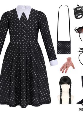 美剧亚当斯一家星期三cos连衣裙Wednesday万圣节黑色印花连衣裙