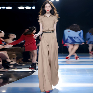 时尚气质套装女2025夏季新款洋气时髦短袖衬衫高腰阔腿裤两件套潮