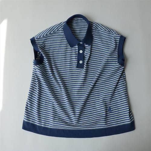 日系小众 有筋骨刺绣棉纱蓝白条纹箱型翻领polo衫短袖T恤女