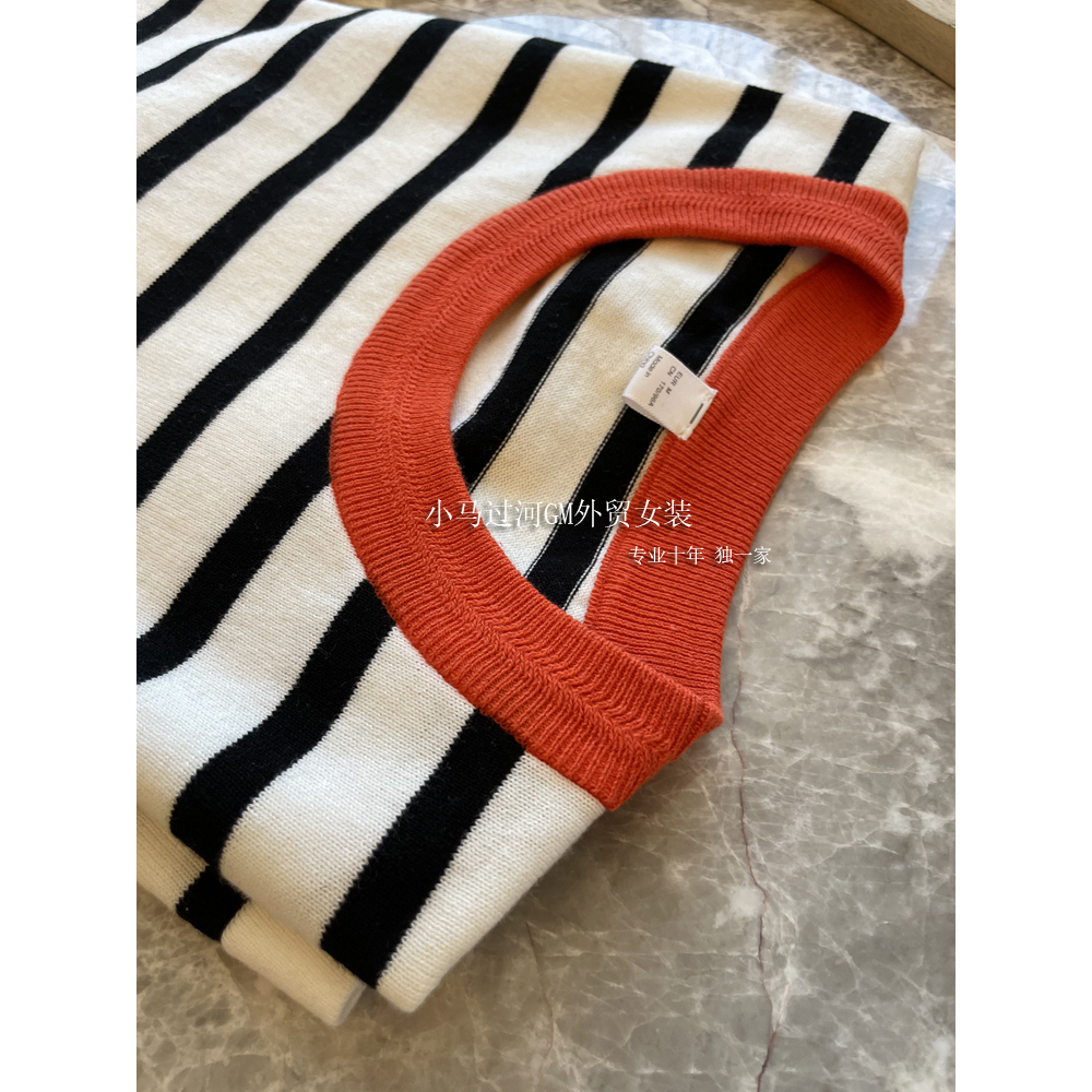 渠道货！！买到就是赚到，C*S优质棉撞色橘领条纹短袖T恤2025女夏