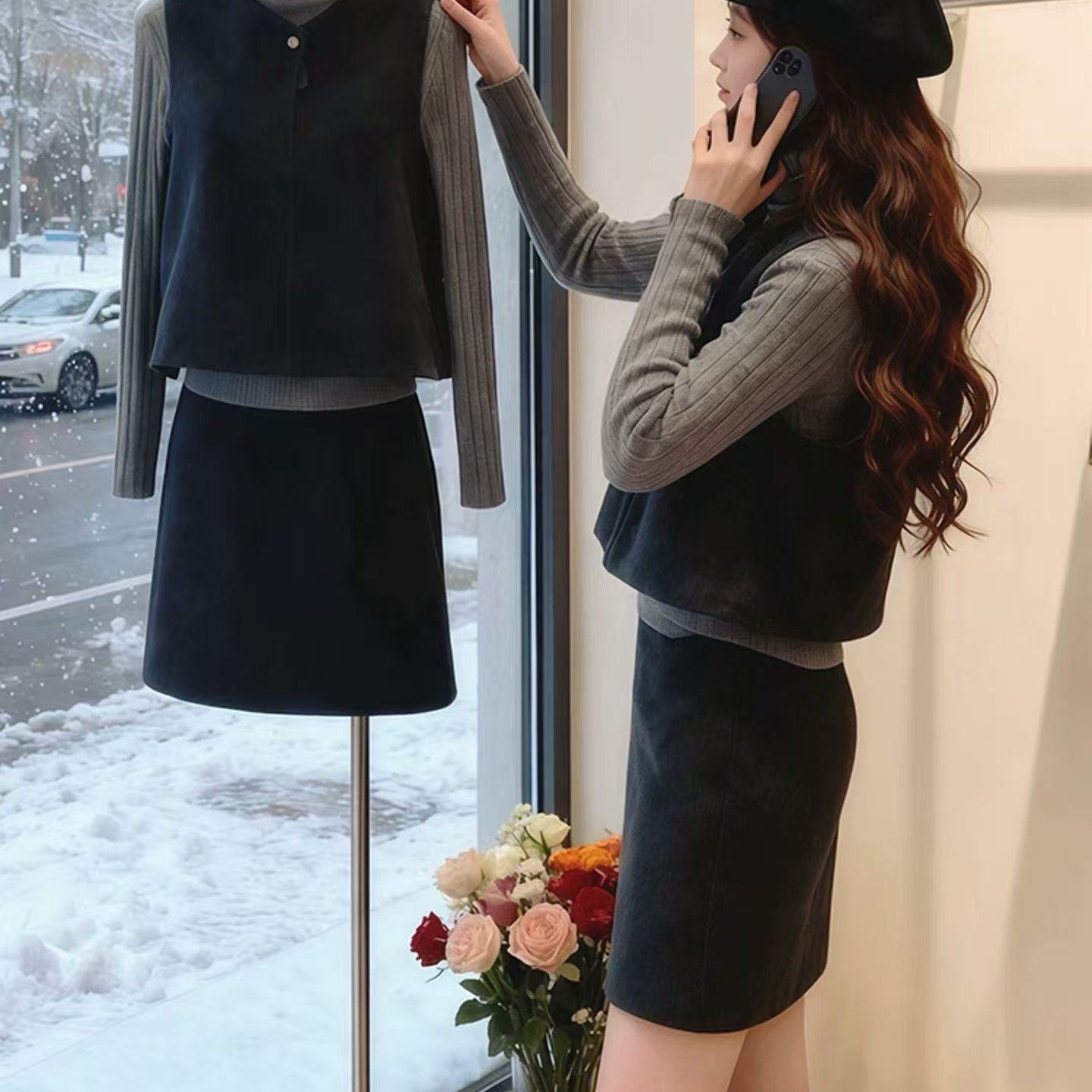 秋冬装一整套毛呢马甲半身裙叠穿高领针织打底衫三件套女,女装/女士精品,时尚套装,淘宝优惠券,粉丝福利购,淘宝优惠卷