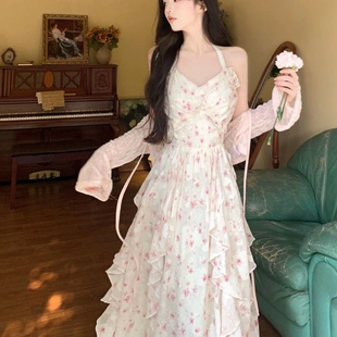 夏季 胖妹妹网纱挂脖连衣裙套装 温柔风超仙甜美过膝长裙两件套