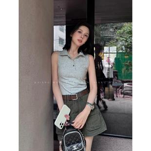 高级 翻领polo衫 背心吊带女T恤外穿灰色无袖 冰丝针织上衣短款 修身