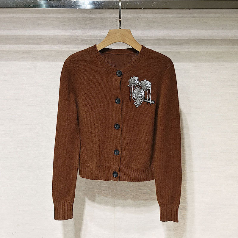 圆领亮片立体花长袖针织开衫上衣