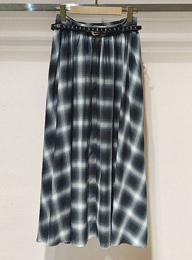 2024春夏女装 Q106002E复古格子高腰腰带中长款半身裙伞裙