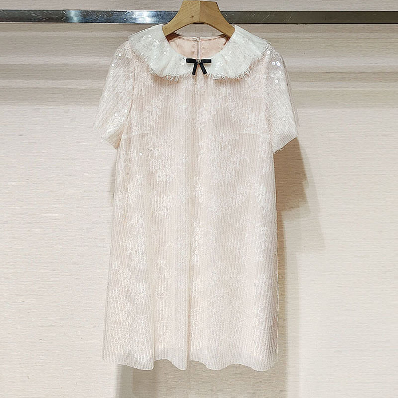 2025秋女装 XRJ4L17D减龄甜美娃娃领蕾丝亮片蝴蝶结短袖连衣裙