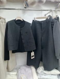 呢料三件套小个子套装 2026冬欧韩时尚 九分阔腿裤 女马甲打底衫 套装