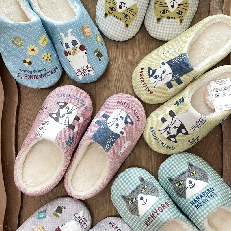 出口日本24秋冬新 可爱猫猫冬季保暖加绒家居地板静音拖鞋绒面