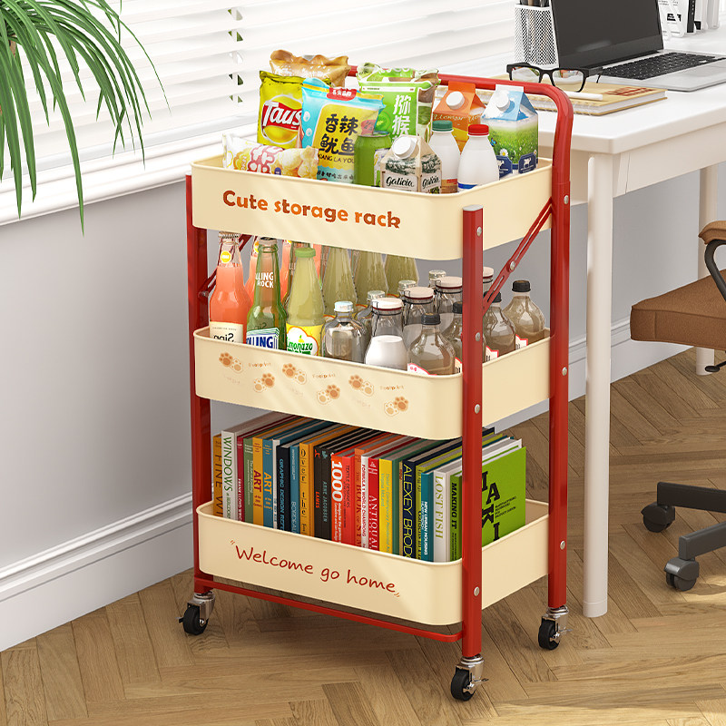 多巴胺小推车置物架落地多层零食多功能卧室置物架可移动收纳书架