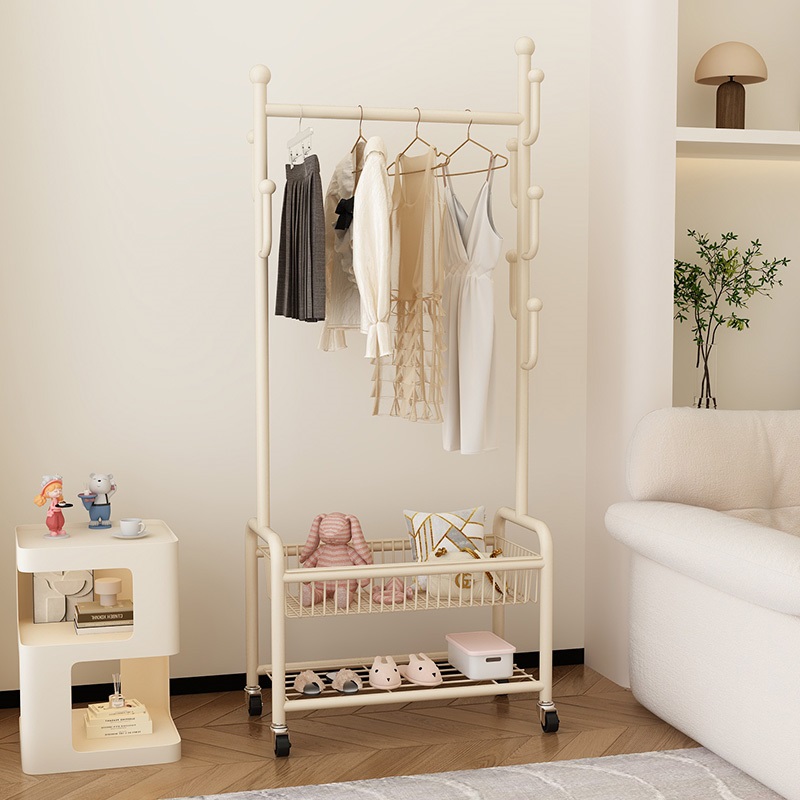 落地挂衣架卧室网红奶油风可移动带轮家用简易阳台晾衣架子衣帽架