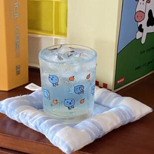 ins高透汽水杯可爱蓝色酷儿玻璃水杯小蓝人冷饮杯学生牛奶杯礼物