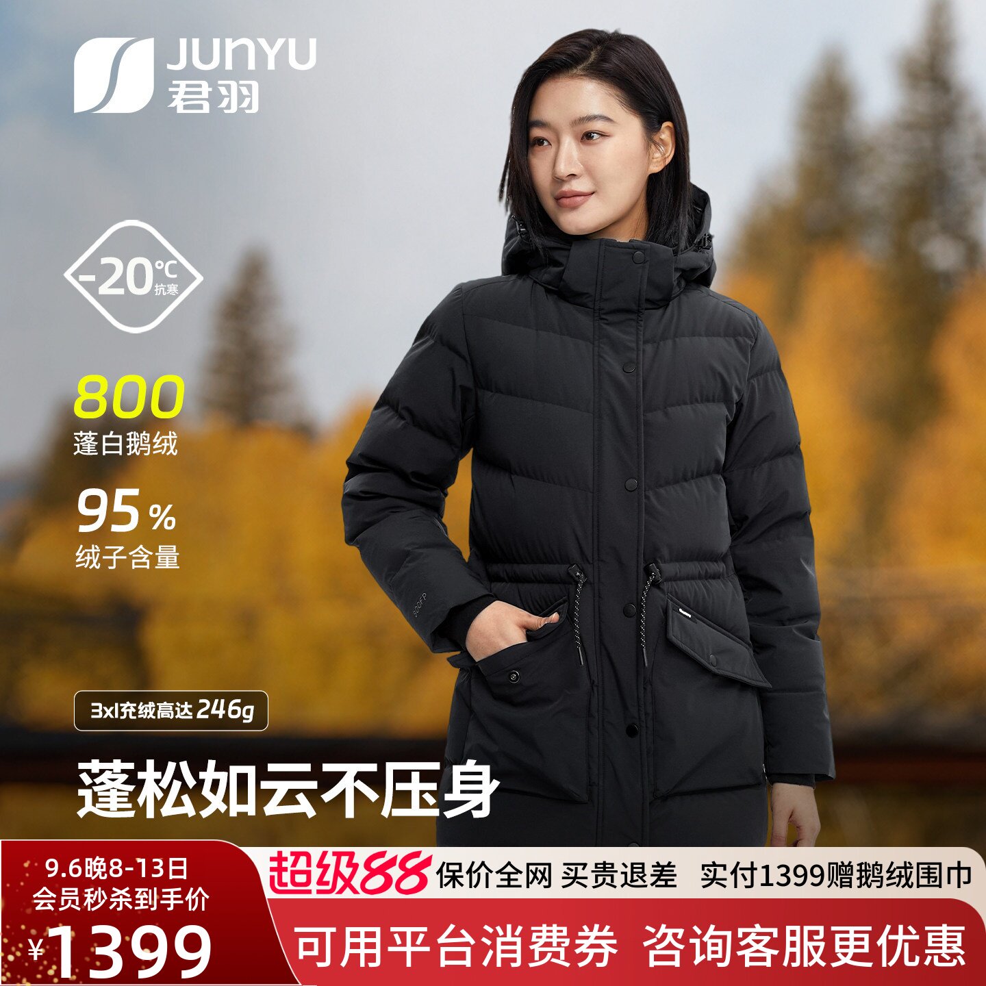 君羽鹅绒服女中长款冬季加厚外套图片