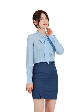 宝马领创工作服夏季新款女衬衫职业女士雪纺衬衣长袖蓝色商务工装