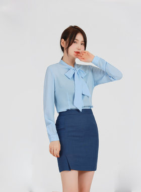 宝马新款领创工作服男士衬衫职业女士雪纺衬衣长袖蓝色商务工装