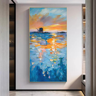 手绘油画风入口玄关肌理挂画山水风景客厅装饰画油画走廊过道壁画