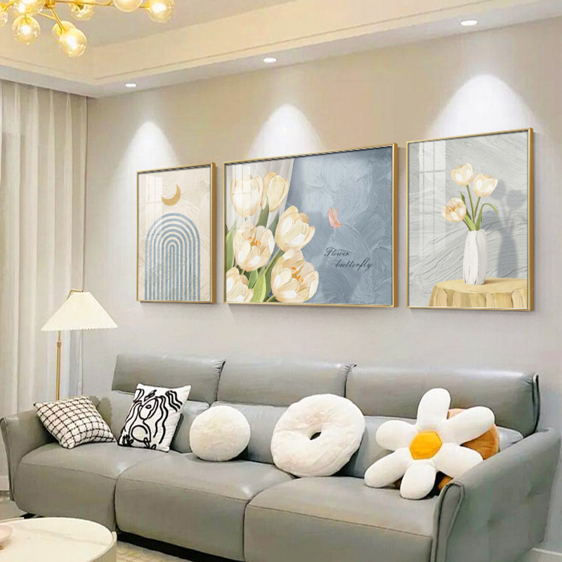 现代简约油画郁金香三联画墙壁挂画奶油风客厅画沙发背景墙装饰画