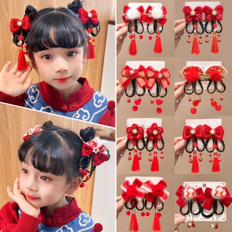 儿童新年蝴蝶结发夹假发辫红色对夹古风发饰国风过年发卡女童头饰