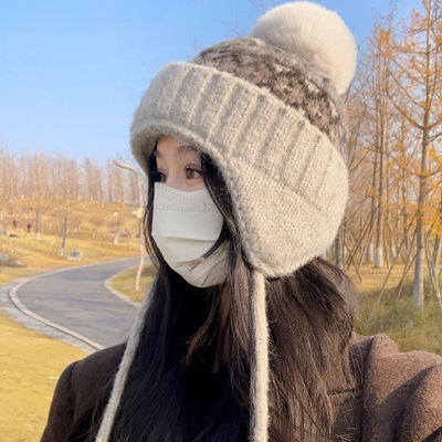 费尔岛帽子女秋冬季加厚保暖护耳帽毛球针织毛线帽骑车防寒雷锋帽