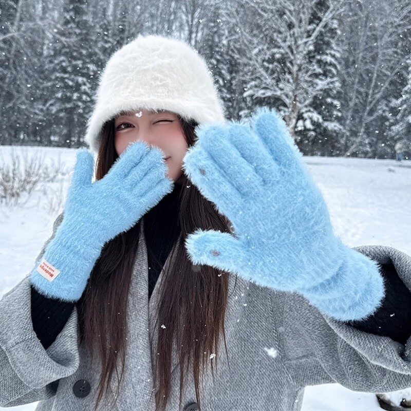 软乎乎毛绒绒加长保暖手套女冬季纯色分指可触屏五指韩版百搭
